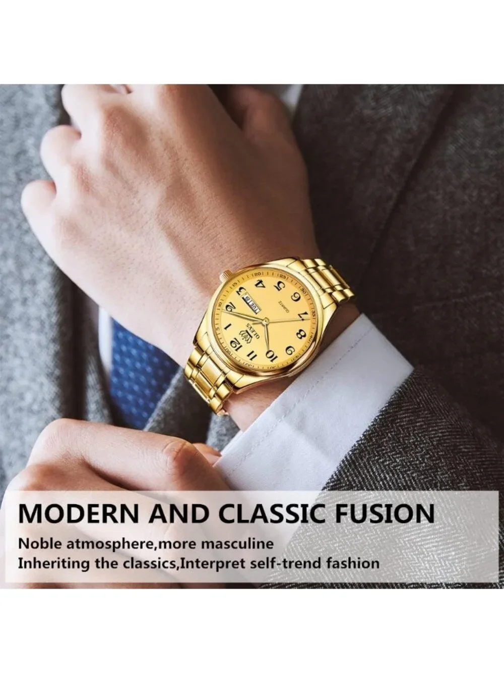 Olevs Men's Gold Digital Stainless Analog Quartz Waterproof Luminous Wrist Watch